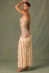 Embellished Ruffle-Trim Strapless Gown in Rose Hotfix