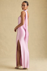 Asymmetric Scarf-Detail Maxi Dress in Soft Pink